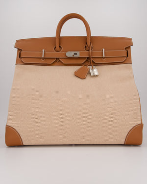 *RARE* Hermès Haut à Courroies HAC 50 Bag in Gold Evercolour Leather &  Écru/Beige Toile Cross Canvas with Palladium Hardware