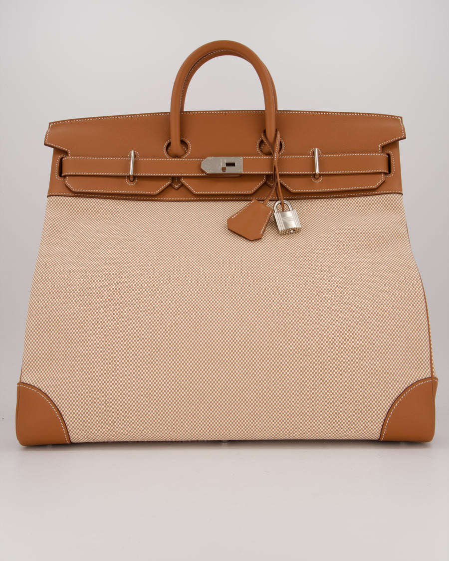 *RARE* Hermès Haut à Courroies HAC 50 Bag in Gold Evercolour Leather &  Écru/Beige Toile Cross Canvas with Palladium Hardware