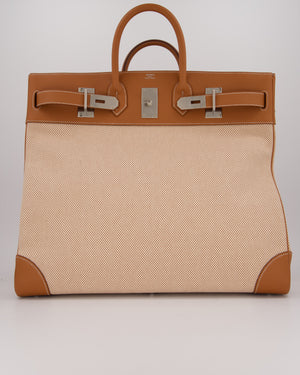 *RARE* Hermès Haut à Courroies HAC 50 Bag in Gold Evercolour Leather &  Écru/Beige Toile Cross Canvas with Palladium Hardware