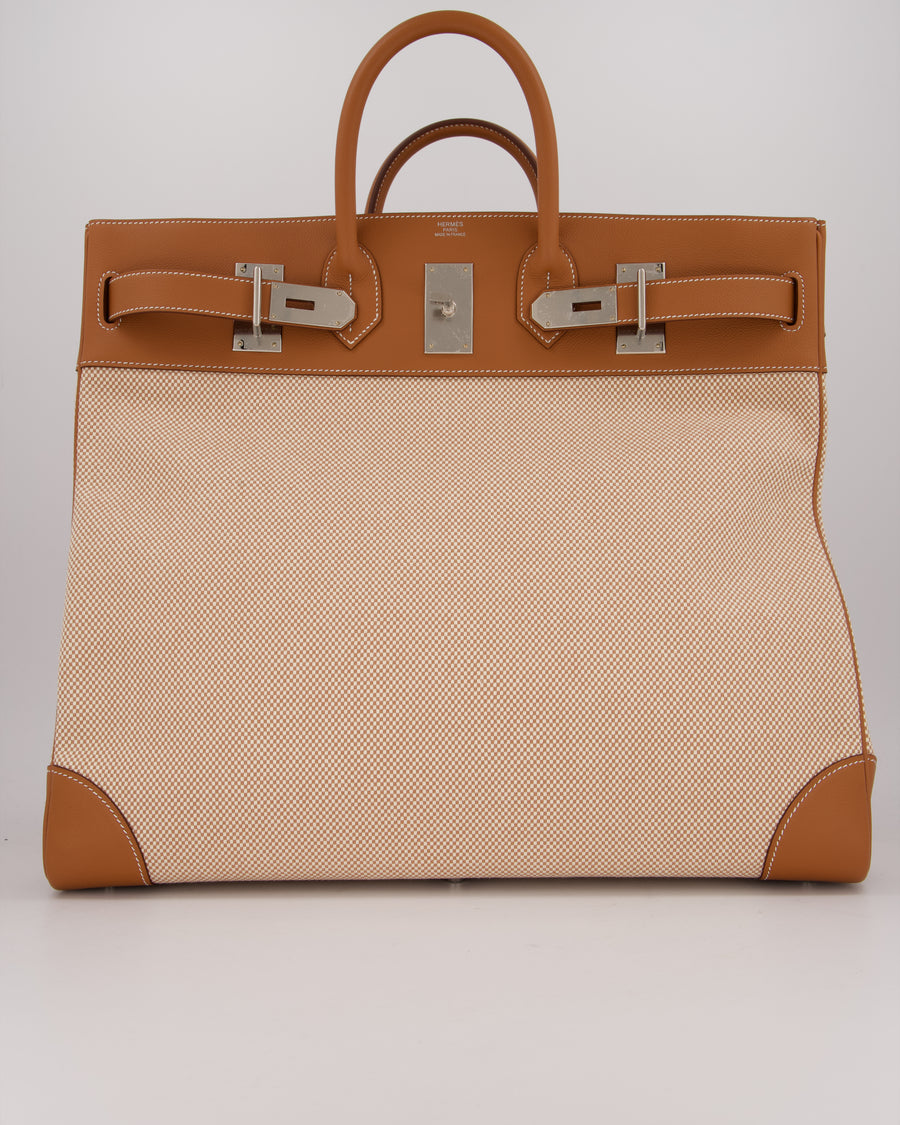 *RARE* Hermès Haut à Courroies HAC 50 Bag in Gold Evercolour Leather &  Écru/Beige Toile Cross Canvas with Palladium Hardware