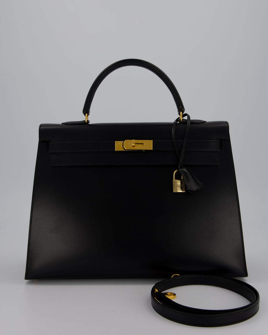 *RARE* Hermès Vintage Kelly 35 Sellier Bag in Black Box Calf Leather with Gold Hardware