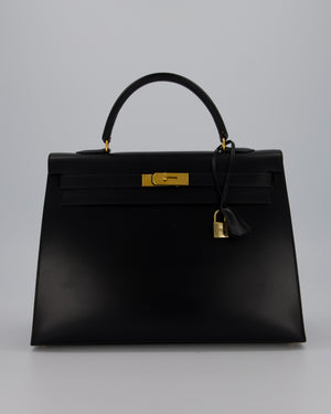 *RARE* Hermès Vintage Kelly 35 Sellier Bag in Black Box Calf Leather with Gold Hardware