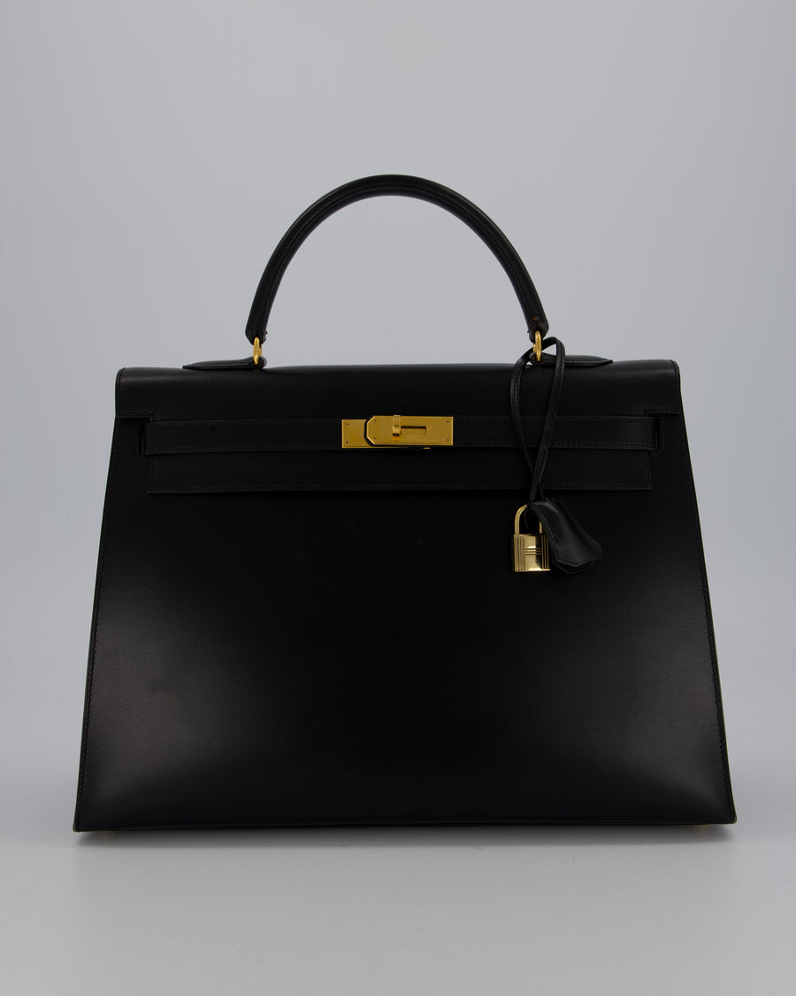 *RARE* Hermès Vintage Kelly 35 Sellier Bag in Black Box Calf Leather with Gold Hardware