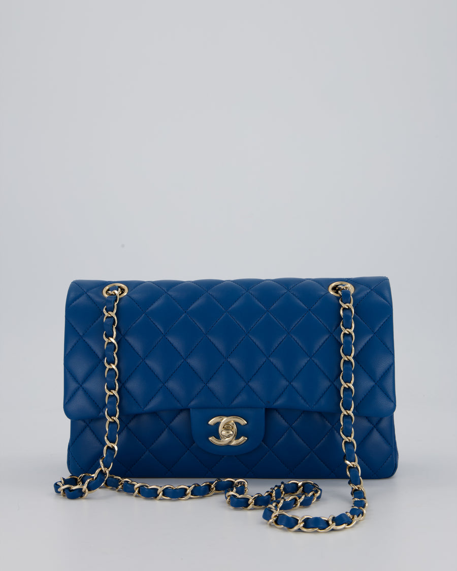 Chanel Medium Electric Blue Classic Double Flap Bag in Lambskin Leather with Champagne Hardware