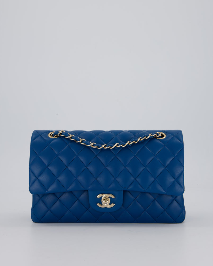 Chanel Medium Electric Blue Classic Double Flap Bag in Lambskin Leather with Champagne Hardware