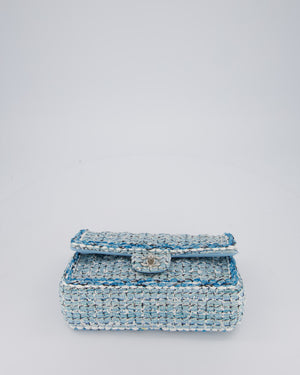 Chanel Medium Blue and White Tweed Classic Double Flap Bag with Silver Hardware