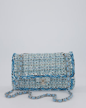 Chanel Medium Blue and White Tweed Classic Double Flap Bag with Silver Hardware