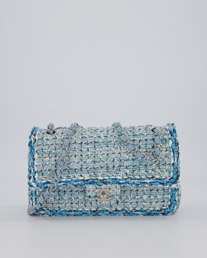Chanel Medium Blue and White Tweed Classic Double Flap Bag with Silver Hardware