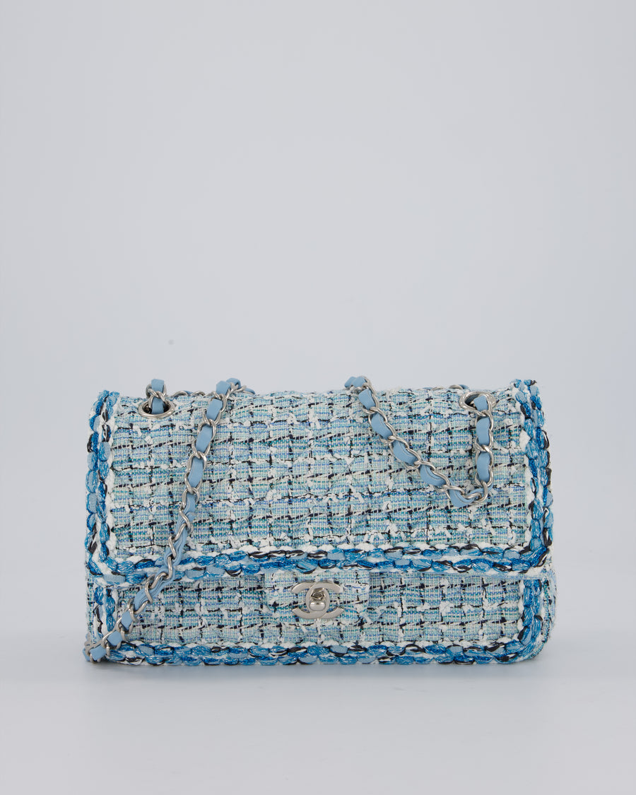Chanel Medium Blue and White Tweed Classic Double Flap Bag with Silver Hardware
