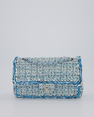 Chanel Medium Blue and White Tweed Classic Double Flap Bag with Silver Hardware