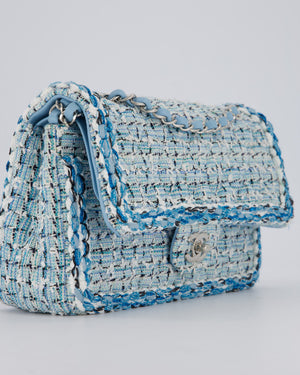 Chanel Medium Blue and White Tweed Classic Double Flap Bag with Silver Hardware