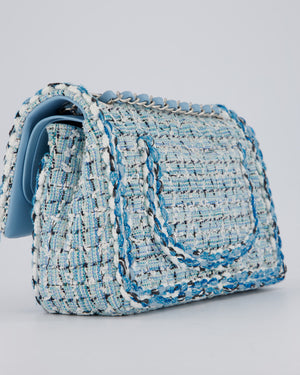 Chanel Medium Blue and White Tweed Classic Double Flap Bag with Silver Hardware