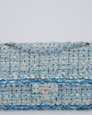 Chanel Medium Blue and White Tweed Classic Double Flap Bag with Silver Hardware