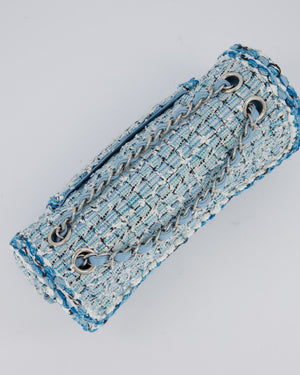 Chanel Medium Blue and White Tweed Classic Double Flap Bag with Silver Hardware