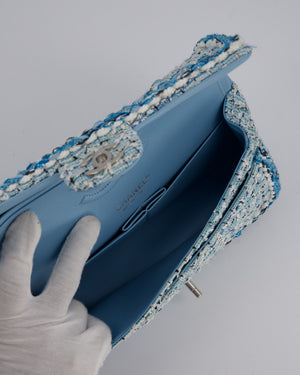 Chanel Medium Blue and White Tweed Classic Double Flap Bag with Silver Hardware
