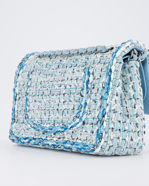 Chanel Medium Blue and White Tweed Classic Double Flap Bag with Silver Hardware
