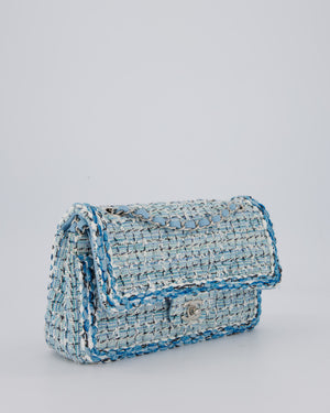 Chanel Medium Blue and White Tweed Classic Double Flap Bag with Silver Hardware