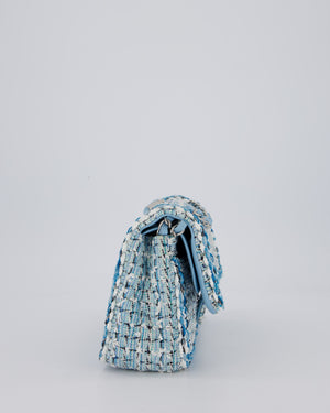 Chanel Medium Blue and White Tweed Classic Double Flap Bag with Silver Hardware