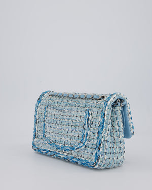 Chanel Medium Blue and White Tweed Classic Double Flap Bag with Silver Hardware