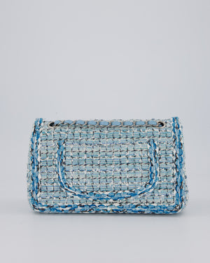 Chanel Medium Blue and White Tweed Classic Double Flap Bag with Silver Hardware