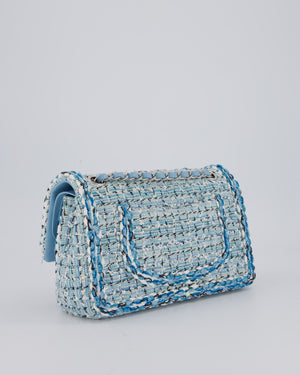 Chanel Medium Blue and White Tweed Classic Double Flap Bag with Silver Hardware