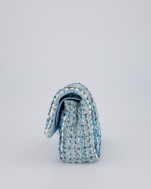 Chanel Medium Blue and White Tweed Classic Double Flap Bag with Silver Hardware
