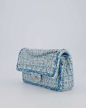 Chanel Medium Blue and White Tweed Classic Double Flap Bag with Silver Hardware