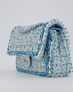 Chanel Medium Blue and White Tweed Classic Double Flap Bag with Silver Hardware