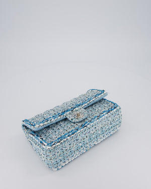 Chanel Medium Blue and White Tweed Classic Double Flap Bag with Silver Hardware