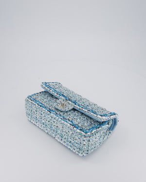 Chanel Medium Blue and White Tweed Classic Double Flap Bag with Silver Hardware