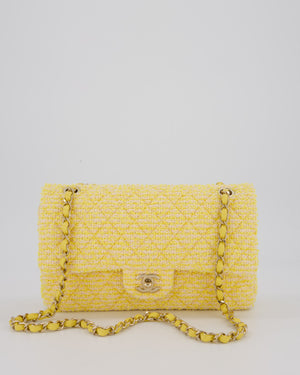 Chanel Yellow Medium Classic Double Flap Bag in Quilted Tweed with Champagne Hardware