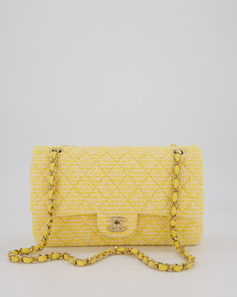 Chanel Yellow Medium Classic Double Flap Bag in Quilted Tweed with Champagne Hardware