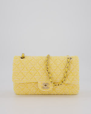 Chanel Yellow Medium Classic Double Flap Bag in Quilted Tweed with Champagne Hardware