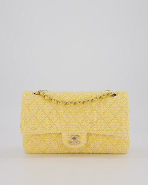 Chanel Yellow Medium Classic Double Flap Bag in Quilted Tweed with Champagne Hardware