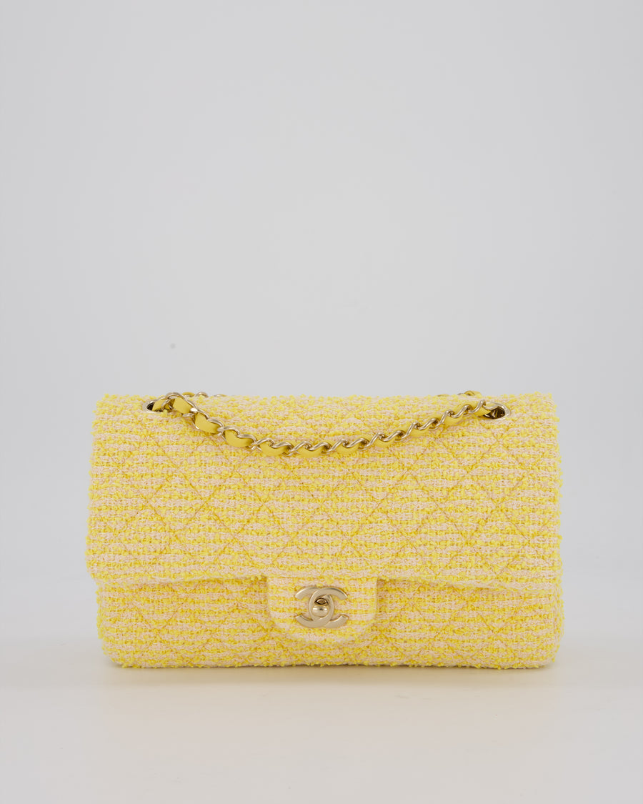 Chanel Yellow Medium Classic Double Flap Bag in Quilted Tweed with Champagne Hardware