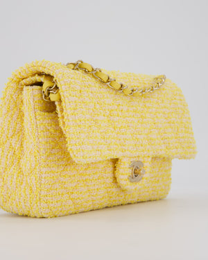 Chanel Yellow Medium Classic Double Flap Bag in Quilted Tweed with Champagne Hardware