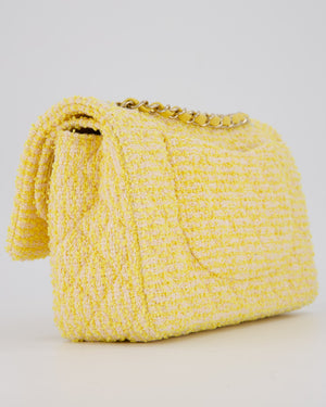 Chanel Yellow Medium Classic Double Flap Bag in Quilted Tweed with Champagne Hardware