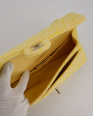 Chanel Yellow Medium Classic Double Flap Bag in Quilted Tweed with Champagne Hardware