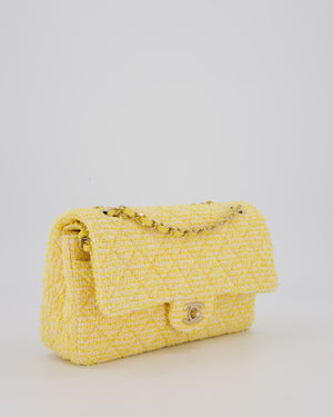Chanel Yellow Medium Classic Double Flap Bag in Quilted Tweed with Champagne Hardware