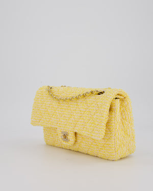 Chanel Yellow Medium Classic Double Flap Bag in Quilted Tweed with Champagne Hardware