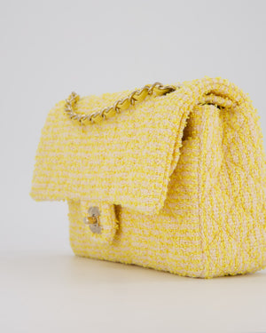 Chanel Yellow Medium Classic Double Flap Bag in Quilted Tweed with Champagne Hardware