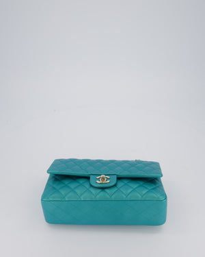 Chanel Medium Aqua Blue Iridescent Classic Double Flap Bag in Lambskin Leather with Champagne Hardware