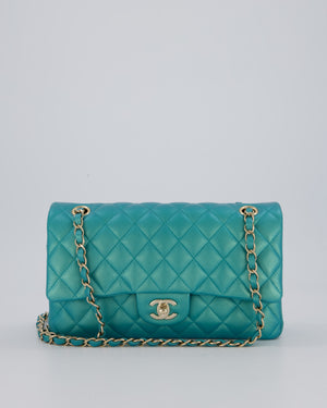 Chanel Medium Aqua Blue Iridescent Classic Double Flap Bag in Lambskin Leather with Champagne Hardware