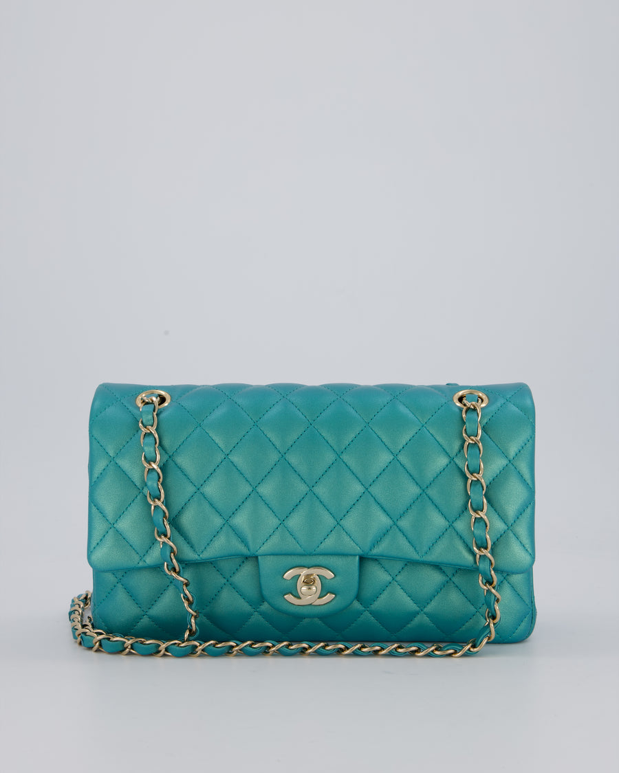 Chanel Medium Aqua Blue Iridescent Classic Double Flap Bag in Lambskin Leather with Champagne Hardware