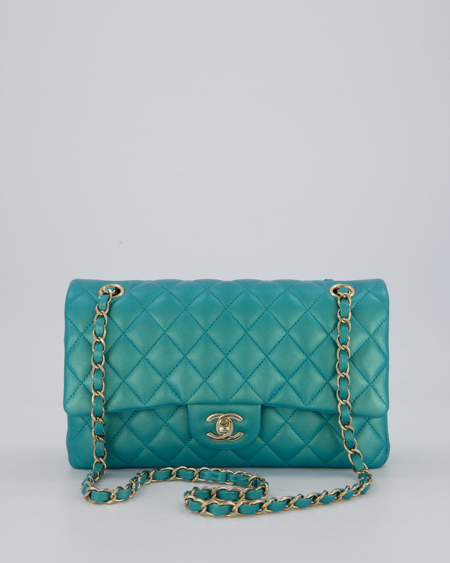 Chanel Medium Aqua Blue Iridescent Classic Double Flap Bag in Lambskin Leather with Champagne Hardware