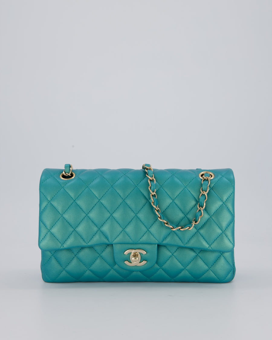 Chanel Medium Aqua Blue Iridescent Classic Double Flap Bag in Lambskin Leather with Champagne Hardware