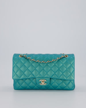 Chanel Medium Aqua Blue Iridescent Classic Double Flap Bag in Lambskin Leather with Champagne Hardware