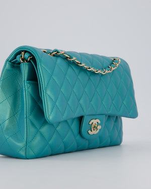 Chanel Medium Aqua Blue Iridescent Classic Double Flap Bag in Lambskin Leather with Champagne Hardware