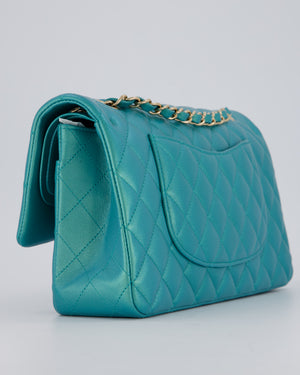 Chanel Medium Aqua Blue Iridescent Classic Double Flap Bag in Lambskin Leather with Champagne Hardware