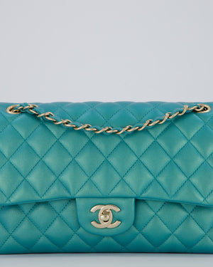 Chanel Medium Aqua Blue Iridescent Classic Double Flap Bag in Lambskin Leather with Champagne Hardware